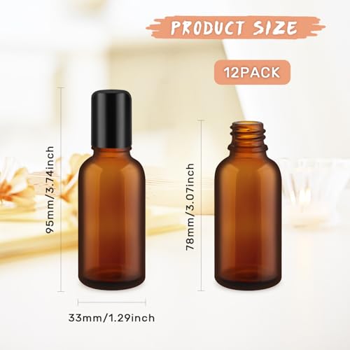 12 Pcs 30ml/1oz Amber Glass Essential Oil Bottles with Stainless Steel Roller Ball Refillable Roll-on Bottles Leak-proof Containers for Lotion Deodorant Massage Oil Perfume2