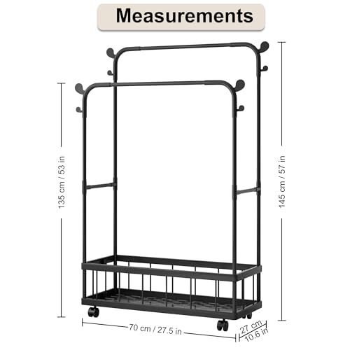 Image of Story@Home Heavy-Duty Double Rod Metal Garment Rack for Clothes with Wheels, Bottom Storage Shelf & 4 Side Hooks | Freestanding Clothes Stand for Bedroom, Entryway, Living Room - Black