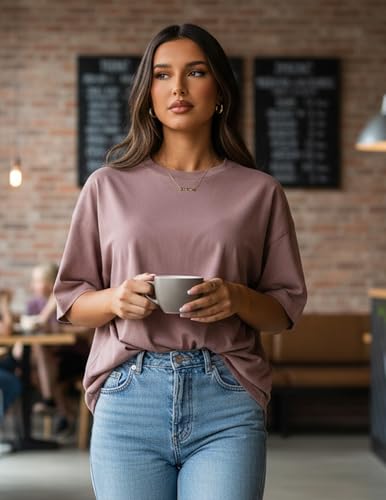 LETSEE 4 Pack Oversized Tshirts for Women Short Sleeve Workout Shirt Crew Neck Loose Fit Baggy Tee Tops Basic Clothes (1 Mushroom 1 Light Grey 1 Apricot 1 Black, Medium) — view 3