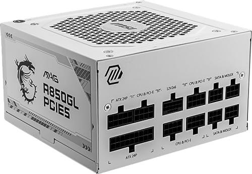 Image of MSI MAG A850GL PCIE5 White Power Supply Unit, 850W, 80 Plus Gold, Fully Modular, ATX 3.0, PCIe 5.0 GPU Support, 120mm FDB Fan, Full-Bridge LLC, Flat Black Cables - 7 Year Warranty