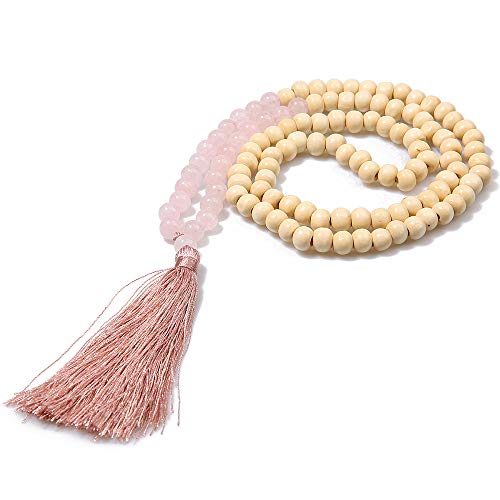 Balibali - Collar de cuentas de madera de Mala de 8 mm semipreciosas con borla multicolor, hecho a mano, para mujeres y hombres