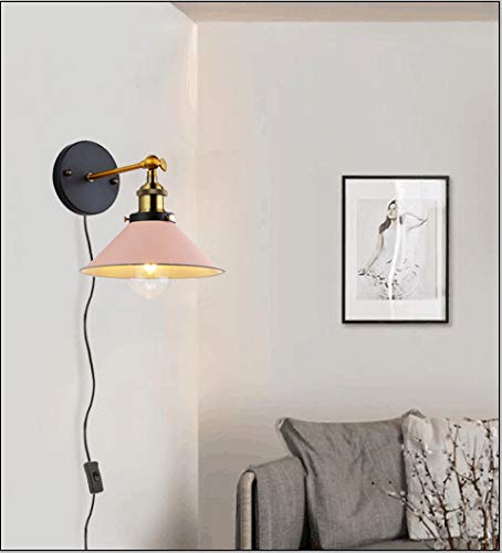 Image of ANYE Wall Sconces with UL Plug-in Button Black Cord Retro Minimalist Style Macaron Pink Iron Lampshade Decor Lights Fixtures for Loft Cabinet Kitchen Hotel Bulb Sold Separately