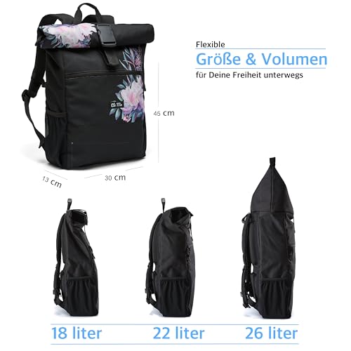 Ela Mo Rucksack Damen - Rolltop schön u. durchdacht - Laptop Rucksäcke für Frauen - Anti Diebstahl Tasche für Schule, Uni, Business (Beauty in Darkness)