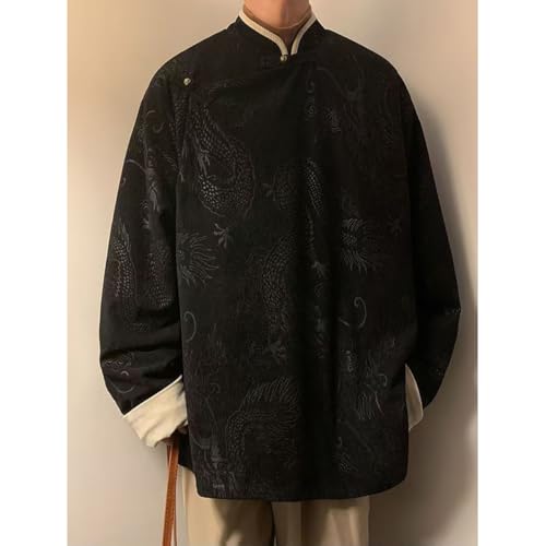 NCDUANSAN Chinese dragon pattern printed jacket, button neck men's autumn retro ethnic style, loose high neck for warmth4