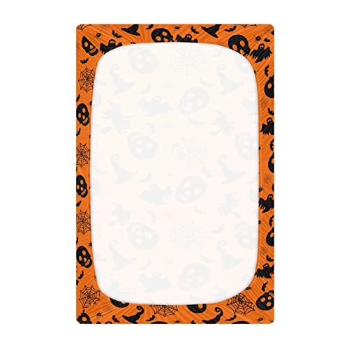 Image of Halloween Orange Bat Ghost Crib Sheets Soft Breathable Fitted Baby Crib Sheets Mattress Cover for Girl Boys, 52 inch x 28 inch x 9 inch