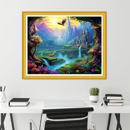 Image of Funchey Stamped Cross Stitch Kits, DIY Cross Stitch Pattern for Adults Beginners Needlepoint Kits Embroidery Kit Arts and Crafts 11CT-A Fairyland on Earth 16x20 inch