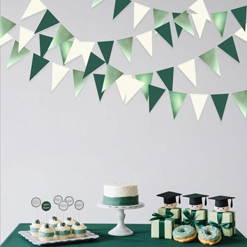 Image of Sage Green Decorations Hanging Paper Pennant Banner Flag Green Beige Triangle Bunting Garland for Birthday Baby Shower Wedding Engagement Neutral Safari Wild One Woodland Jungle Theme Party Supplies