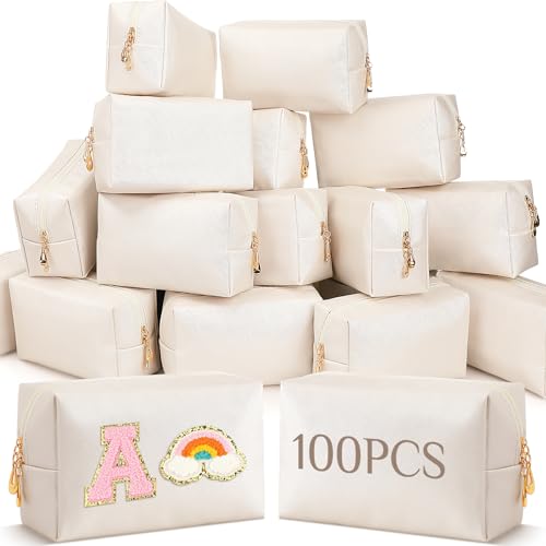 Cunno 100 Pcs Aesthetic Makeup Bags Bulk PU Leather Cosmetic Pouches DIY Toiletry Bags Preppy Makeup Pouch Travel Storage Organizer for Women Travel Party Gift