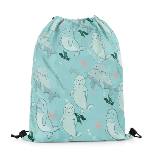 Erosebridal Manatees Draw String Back Bag 13x15.7,Cartoon Manatee Drawstring Bags,Marine Ocean Life Teal Drawstring Backpack,Manatee Family Underwater World Foldable Cinch Bag for Swim Yoga Camping2