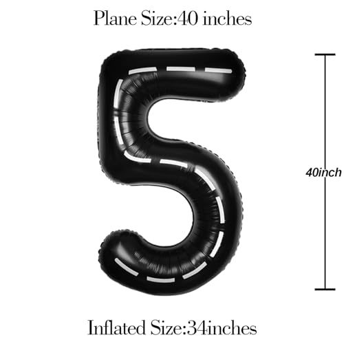 Image of Race Car 40 Inch Black 5 Big Large Helium Balloon Number 0-9 | Track Giant Digital 5th Foil Mylar Party Balloons for Men Birthday Car Theme Party Anniversary Graduation Decorations