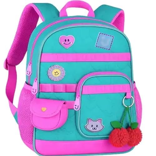 Mochila Escolar Infantil Juju, com Matelassê, Patches Decorativos, Pompom e Bolsa Lateral, 40x30x13 cm, Modelo Soft Teófilo 2026 (Azul Tuqueza/Rosa)