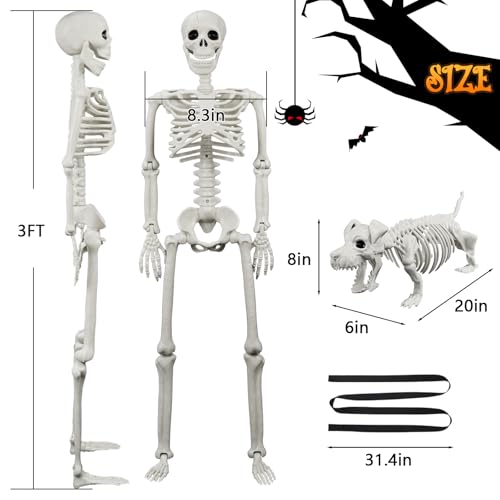 Image of Lighted Human & Dog Skeleton Halloween Decorations Outdoor /Indoor - 36 Inch Realistic Full Body Movable Posable Skeleton Spooky Halloween Decor for Garden Yard Porch Party Haunted Graveyard