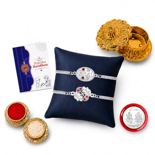 Image of Oblivion Designer Elegant Multicolor Bhai & Swastik Rakhi Combo for Brother Bhaiya with Golden Kankavati, Roli Tikka, Silver Color Pooja Coin & Greeting Card | Raksha Bandhan Gift Set | Pack of 6