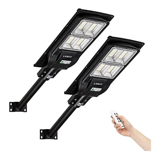 2 Pack 120 W Solar Street Light,240 LED High Lumens Street Lamp with Light Control&PIR Motion Sensor, Dusk to Dawn LED Security Light Solar Flood Light for Square,Yard,Basketball Court -LANGY…