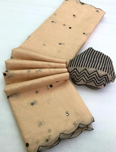 Image of Linen Cotton Saree with Black Mirror Work | New
