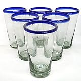 MexHandcraft Cobalt Blue Rim 16 oz Pint Glasses (set of 6), Recycled Glass, Lead-free, Toxin-Free (16oz Pint)