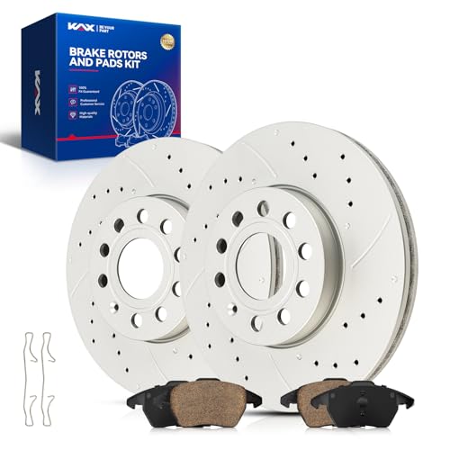 Image of KAX Front Brake Kit, Drilled and Slotted Brake Rotors, Ceramic Brake Pads | Fits Volkswagen Jetta 2005-2014, Eos 2009-2012, Golf 2010-2011, Audi A3 2009-2013, A3 Quattro 2009-2010