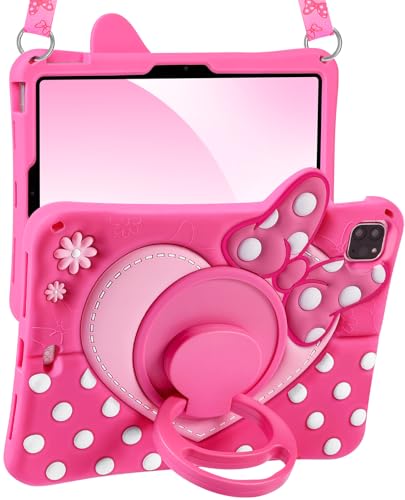 Boaretiu Kids Case for iPad Air 11 (Air M4 2026 8th Gen/M3 2025/M2)/Air 5th/4th Generation 10.9/Pro 11 4th/3rd/2nd/1st - Cute Girly Cartoon Silicone Cover with Strap Stand for Girls Bow Heart