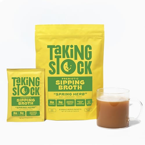 Taking Stock Prebiotic Sipping Broth, 8g Protein, Spring Herb Flavor Chicken Bone Broth Powder 8 Pack