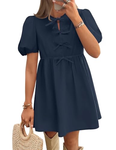 Image of ZESICA Women's Summer Short Sleeve Tie Front Mini Dress Babydoll Ruffle Pleated A Line Vacation Graduation Short Dresses