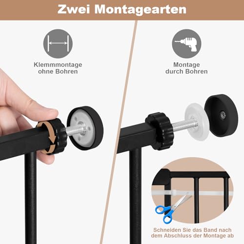 WOLTU Treppenschutzgitter 75–87 cm, Türschutzgitter aus Metall, mit/ohne Bohren, Auto-Close, 90°-Stopp, beidseitig schwenkbar, 2 Riegel, einhändig zu öffnen,Schwarz