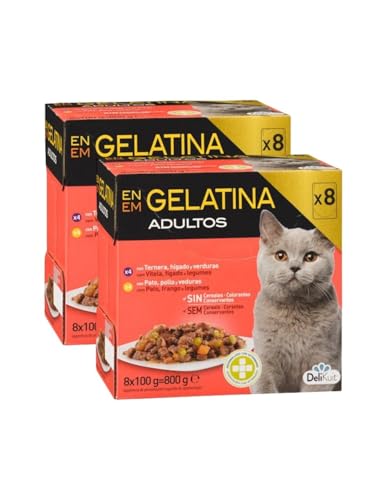 Alimento Húmedo para Gatos Adultos en Gelatina, Ternera con Hígado y Pato con Pollo, sin Colorantes, Pack 2 Cajas, 16 Sobres x 100 g DeliKuit
