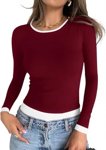 Cicy Bell Womens Long Sleeve Tops Patchwork Crewneck Slim Fit Shirts Going Out Casual Fall Basic Tees