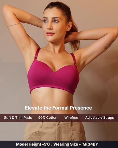 Image of BODYSIZE Women's Demi Cup Padded Bra | Soft Cotton-Lycra Stretch | Wire-Free Comfort, Lightly Padded Support, Seamless with Adjustable Straps (ELA)