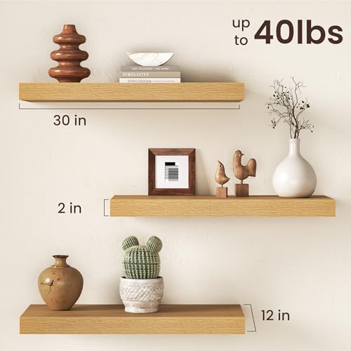 Image of 30Inch Oak Floating Shelves for Wall, 12 Inch Deep Shelves for Bedroom, Kitchen, Bathroom Wall Mounted, Rustic Wood Floating Shelf with Invisible Brackets for Books, Storage, Decor, 2 Packs