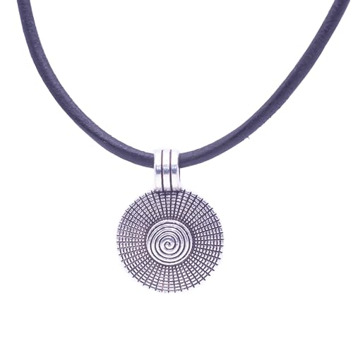 NILUXE DESIGN -Colgante Mujer Espiral Sol Celta Plata Acabado Envejecido- Colgante Hombre Mujer - Collar Plata Tibetana- Colgante de Cuero Negro con Espiral, Amuleto de la Suerte- Ideal para Regalar