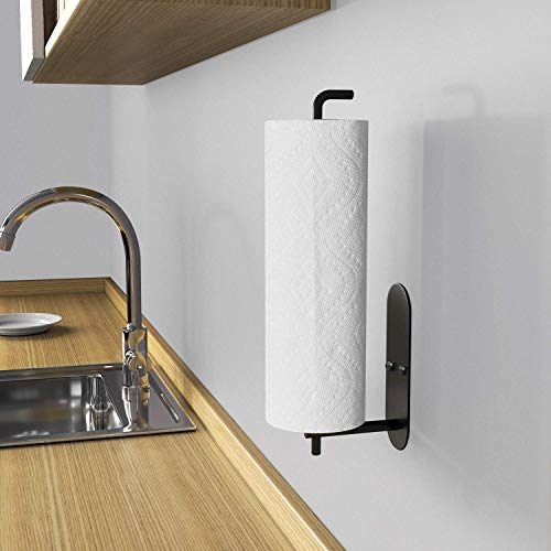 Image of VAEHOLD Self Adhesive Paper Towel Holder Under Cabinet Mount, Wall Mounted Paper Towel Roll Holder for Kitchen, Bathroom, Wall - SUS304 Stainless Steel (Black)