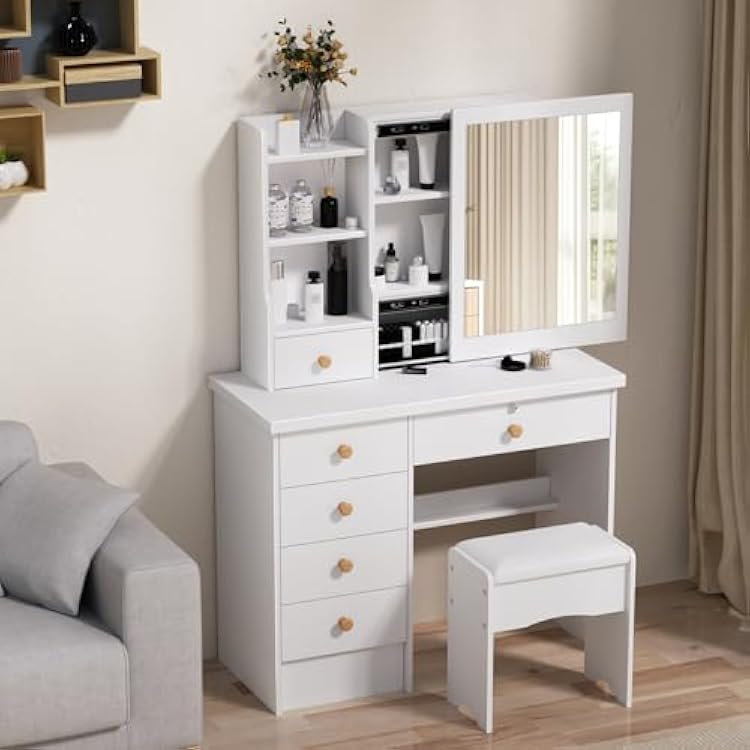 Makeup Vanity Desk with Sliding Mirror, Bedroom Dressing Table, Makeup Desk with 6 Drawers, Open Shelves, Hidden Storage Space White