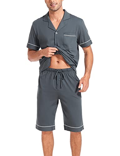 COLORFULLEAF Men's 100% Cotton Short Sleeve Pajama Sets Button Down Notched Collar Sleepwear Soft Lounge Pjs with Pockets3