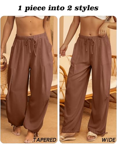 Image of Women's Linen Balloon Barrel Beach Pants Boho Harem Flowy Drawstring Casual Loose Pants with Pockets