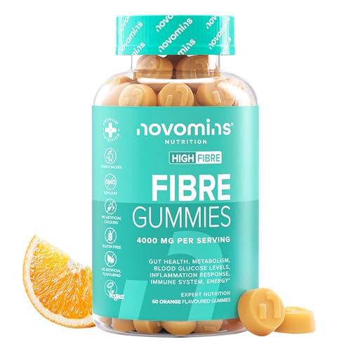 Fibra Gominolas - 4000 mg de Fibra - con Inulina de Polvo, Vitaminas D, B12, Cromo - 60 Gominolas - Suplemento con Inulina para la Salud Intestinal y Sistema Digestivo - Sin Gluten - Novomins
