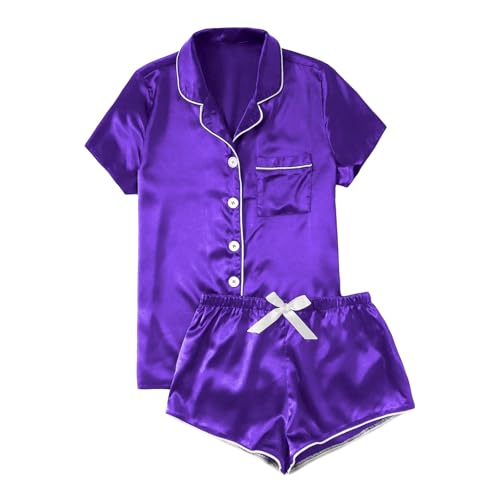 Pijama genérico para mujer, pijama de raso para mujer, conjunto de manga corta, ropa de dormir de dos piezas, cuello en V, con botones y pantalones cortos, estampado elegante y cómodo