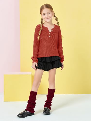 Image of Girls Waffle Knit Sweaters Trendy Henley Button V Neck Long Sleeve Pullover Jumper Tops Orange Red
