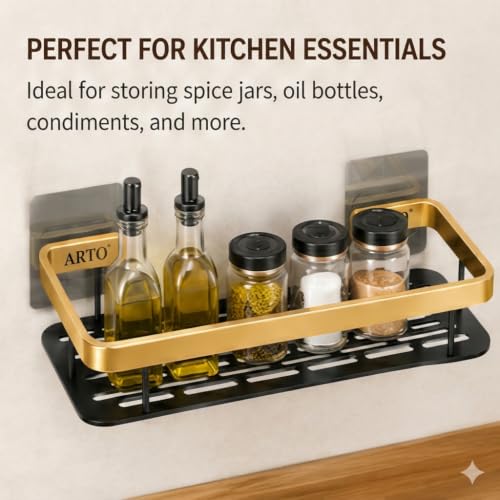 Image of Arto Wall Mounted Shelf | Self-Adhesive Aluminium Rack for Bathroom & Kitchen | Drill-Free, Rustproof, Heavy Duty Holder | 13x30x5.5 cm | Black /Gold (POF-2)
