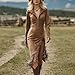 Women's Western Vintage Dress Long Sleeve Lapel Collar Tassel Trim Half Zip Midi Dresses Slim Fall Fashion Clothing S-3XL Brown