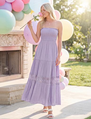 Image of ZESICA Women's 2026 Summer Boho Maxi Dresses Strapless Off Shoulder Lace Flowy A Line Beach Vacation Long Sundress