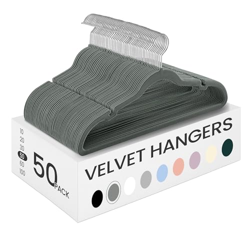 SONGMICS Velvet Hangers 50 Pack, Non-Slip Clothes Hangers, Suit Hangers with Shoulder Notches, Pants Bar, 360Β° Swivel Hook, Space-Saving, for Closet, Gray UCRF029G05 Gray 50 Pack