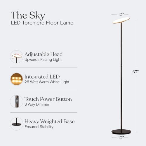 Image of Brightech Sky LED Floor lamp, Torchiere Super Bright Floor Lamp for Living Rooms & Offices - Dimmable, Tall Standing Lamp for Bedroom Reading - Black Chrome