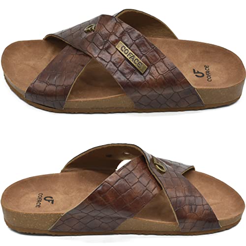 Coface Men's Leather Flat Sandals Soft Fashion Cork Sandals For Men Beach Slides Sandals With Arch Support Brown 9 #TOP6