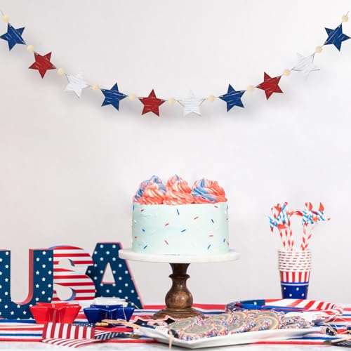Image of 4th of July Star Mantle Garland Wooden Rustic Star Banner Vintage Independence Day Beads Garland Farmhouse 4th of July Decorations Hanging Celebration Decoration for Home Party Supplies