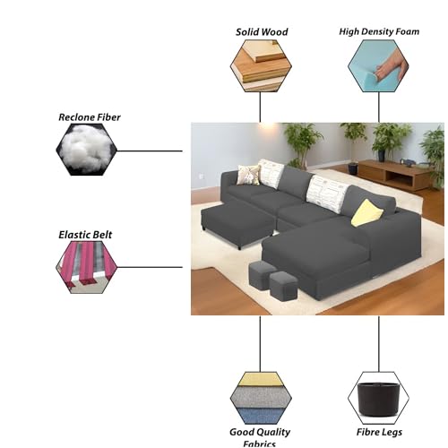 Image of Koza RHS 8 Seater L Shape Sofa Set with Center Table for Living Room (Black Fabric) Premium Fabric Sofa