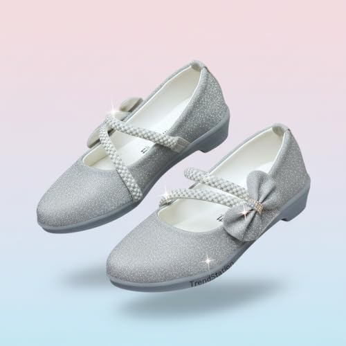 Image of Girls' Patent Mary Jane Shoes with Floral Embellishment, Attractive Colour's, Pearl Flower Welcro Glittery Bellies