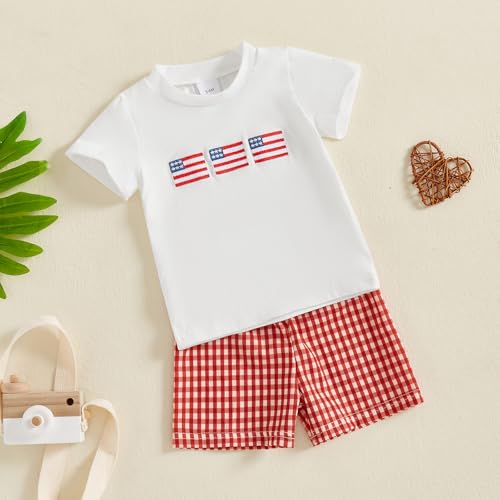 Image of 4th Of July Toddler Boy Outfit Popsicle American Flag T-Shirt and Gingham Plaid Shorts Set Independence Day Clothes