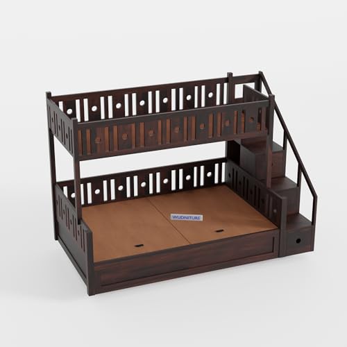 Image of Wudniture Solid Sheesham Wood Bunk Bed for Kids and Adults with Storage (Walnut with Storage)
