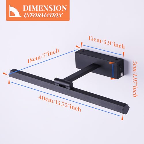 Image of Battery Operated Picture Lights for Wall 15.7inch Rechargeable Wireless Wall Light with Timer and Remote Dimmable Black Metal Art Light for Display Paintings Gallery Artwork Portrait