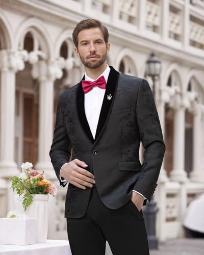 YND Men's Velvet Floral Blazer, One Button Tuxedo Jacket, Shawl Lapel Suit Coat for Dinner Prom Party Wedding2